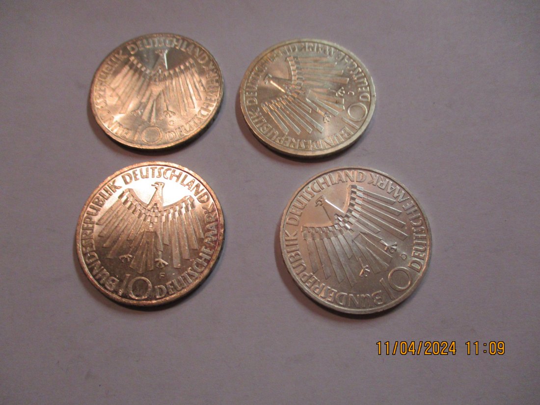  Lot - Sammlung 4 x 10 Mark 1972 Deutschland BRD Silbermünzen / ML8   