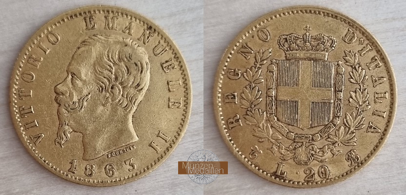 Italien, Vittorio Em. II. (1861-1878) MM-Frankfurt  Feingewicht: 5,81g 20 Lire 1863 