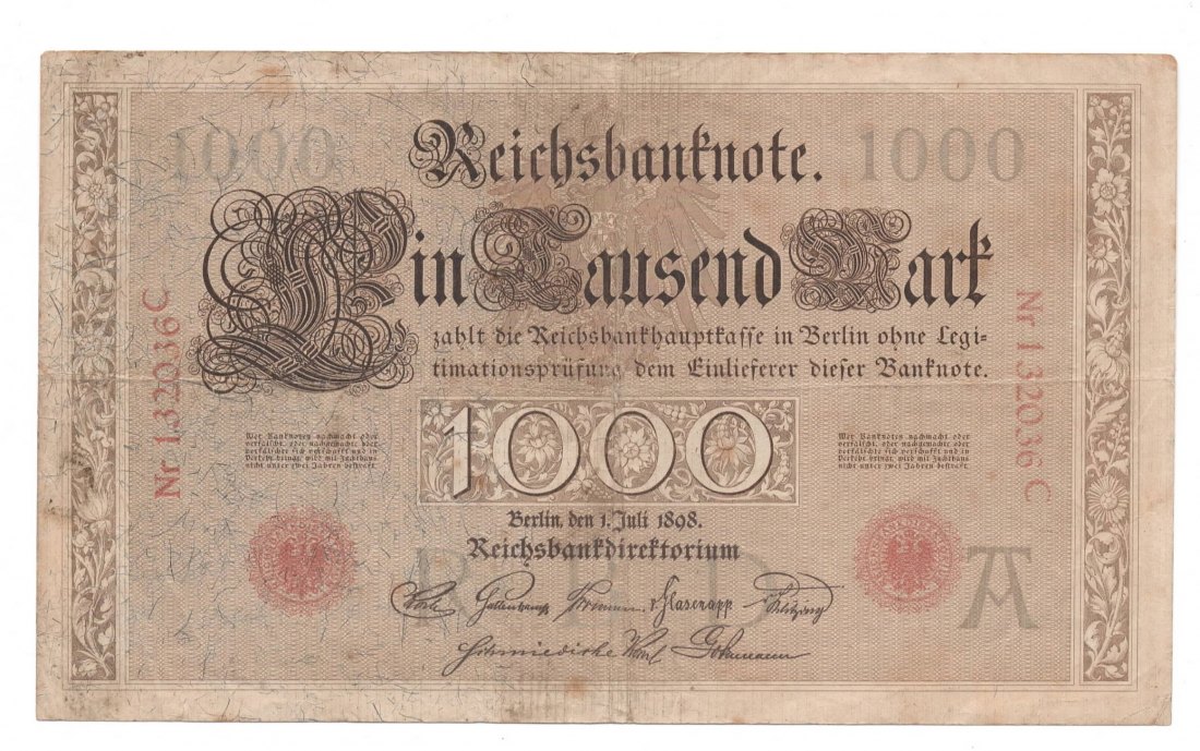  Ro. 18, 1000 Mark Reichsbanknote vom 01.07.1898, 132036C, gebrauchte Erhaltung III   
