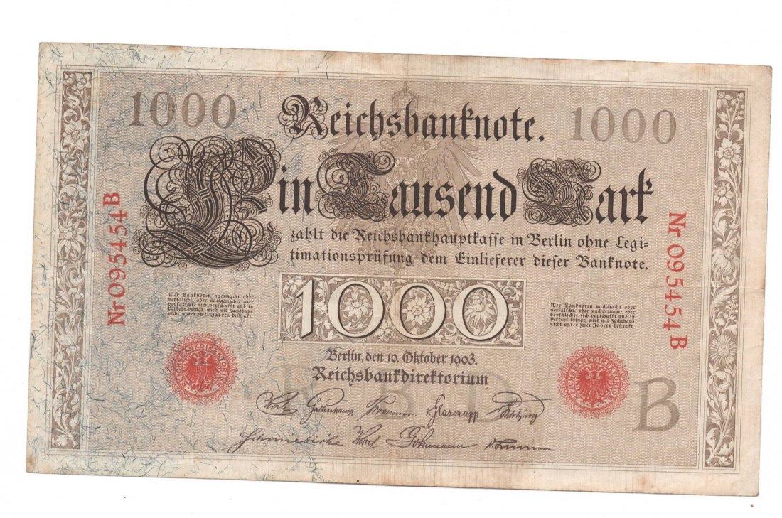  Ro. 21, 1000 Mark Reichsbanknote vom 10.10.1903,  095454B, gebrauchte Erhaltung III+   