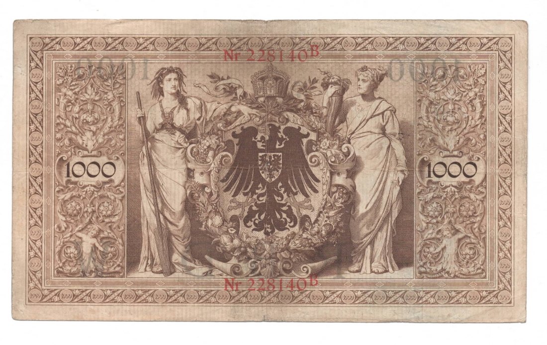  Ro. 26, 1000 Mark Reichsbanknote vom 26.07.1906,  228140B, gebrauchte Erhaltung III   
