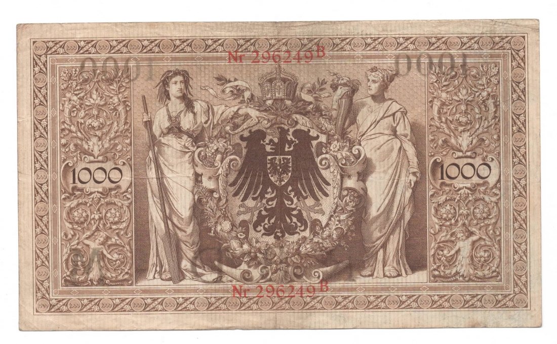  Ro. 36, 1000 Mark Reichsbanknote vom 07.02.1908,  296249B, gebrauchte Erhaltung III   