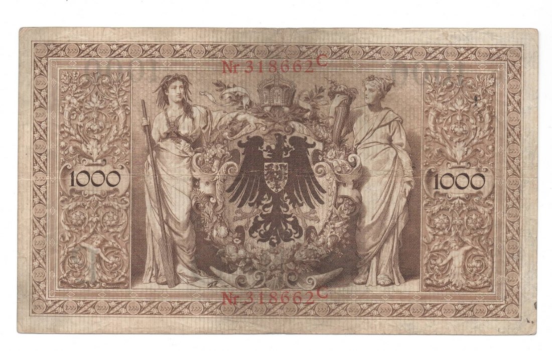  Ro. 39, 1000 Mark Reichsbanknote vom 10.09.1909,  318662C, gebrauchte Erhaltung III   