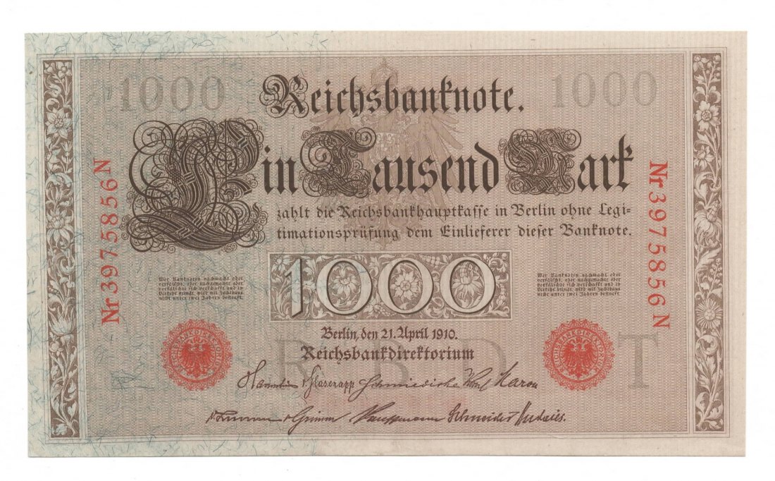  Ro. 45, 1000 Mark Reichsbanknote vom 21.04.1910,  318662C, kassenfrisch I   