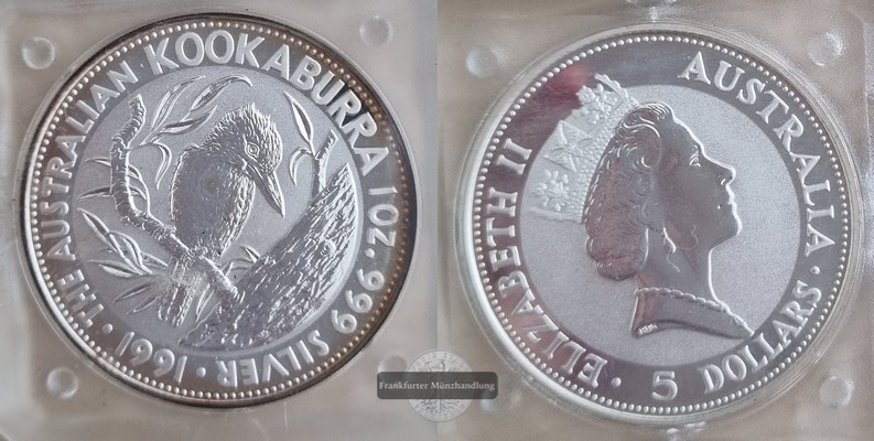  Australien  5 Dollar  1991   Kookaburra     FM-Frankfurt    Feinsilber: 31,1g   