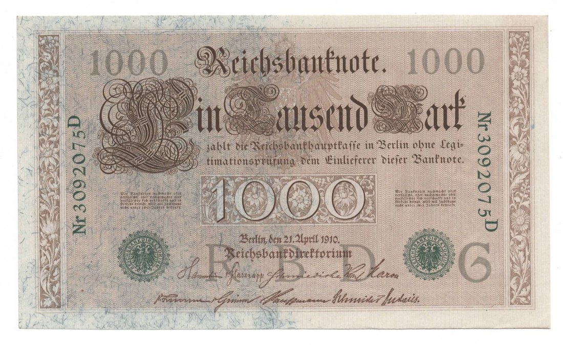  Ro. 46, 1000 Mark Reichsbanknote vom 21.04.1910,  3092075D, kassenfrisch I   