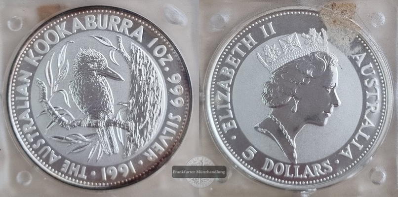  Australien  5 Dollar  1991   Kookaburra     FM-Frankfurt    Feinsilber: 31,1g   