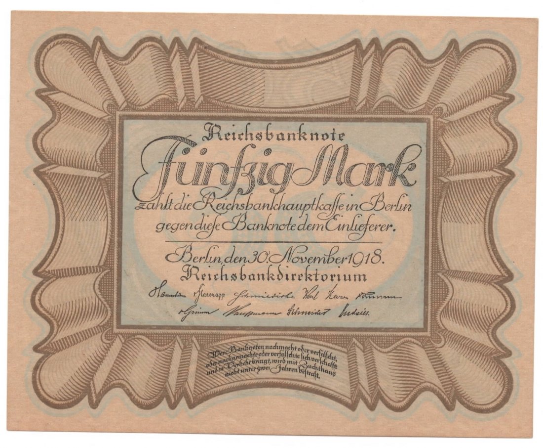  Ro. 57, 50 Mark Reichsbanknote von 1918, Eierschein, 161245, fast kassenfrische Erhaltung I-   