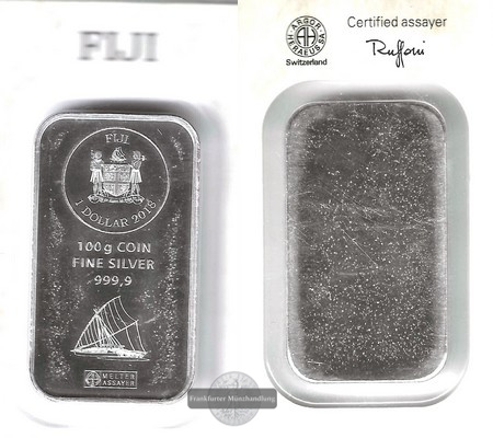  Fiji. 1 Dollar 2018 Münzbarren   FM-Frankfurt   Feinsilber: 100g   