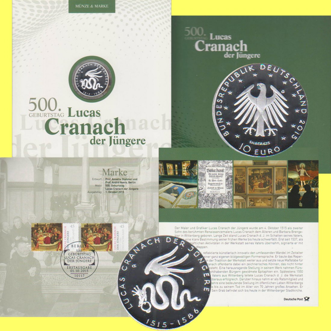  10 €-Silbermünze BRD *500. Geburtstag Lucas Cranach* 2015 *PP* Postausgabe mit Briefm.   