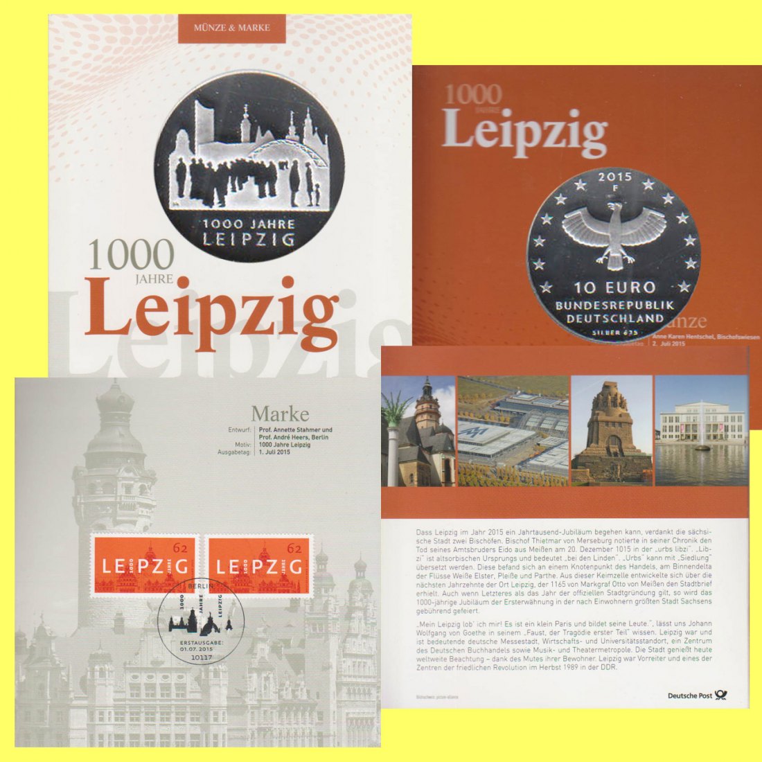  10 €-Silbermünze BRD *1000 Jahre Leipzig* 2015 *PP* Postausgabe mit Briefmarken   