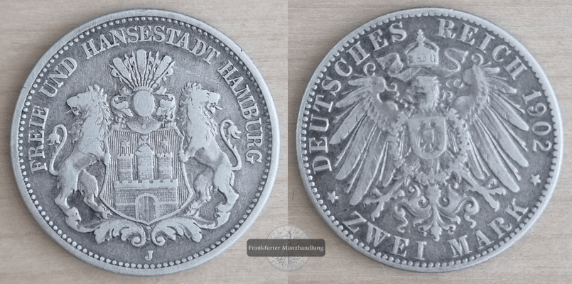  Deutsches Kaiserreich. Hamburg, freie Hansestadt.  2 Mark 1902 J     FM-Frankfurt    Feinsilber: 10g   