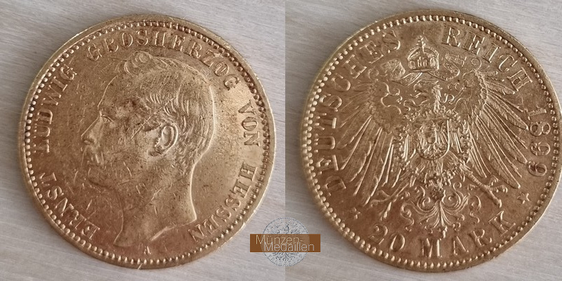 Hessen, Kaiserreich  20 Mark  1899 A MM-Frankfurt Feingold: 7,17g Grosherzog Ernst Ludwig 1892-1918  