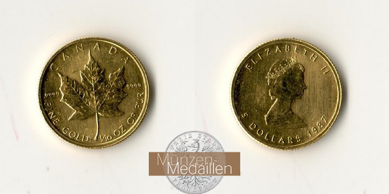 Kanada  5 Dollar MM-Frankfurt Feingold: 3,11g Kanadisches Ahornblatt 1987 