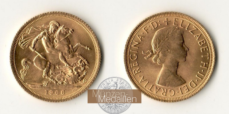 Großbritannien. Elizabeth II. 1953-2022 MM-Frankfurt Feingold: 7,32g Sovereign 1966 vz