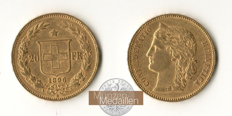 Schweiz  20sFR MM-Frankfurt Feingold: 5,81g Helvetica 1896 B 