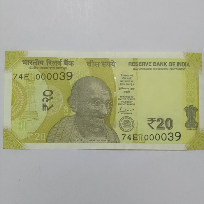  India 74E 000039 UNC 20 Rupees 2019   