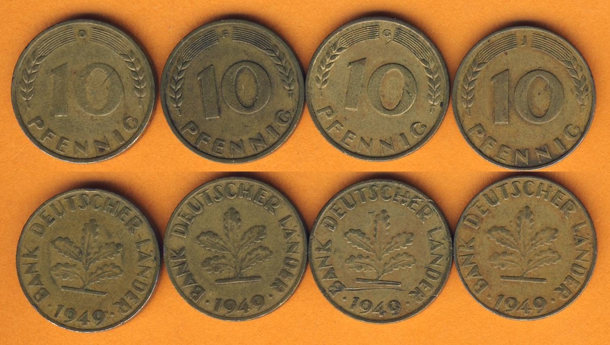  10 Pfennig Bank Deutscher Länder 1949 D + F + G + J kompl. Satz   