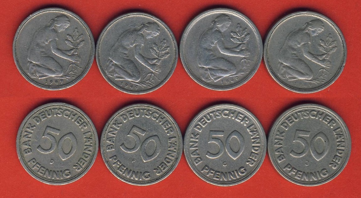  50 Pfennig Bank Deutscher Länder 1949 D + F + G + J kompl. Satz   