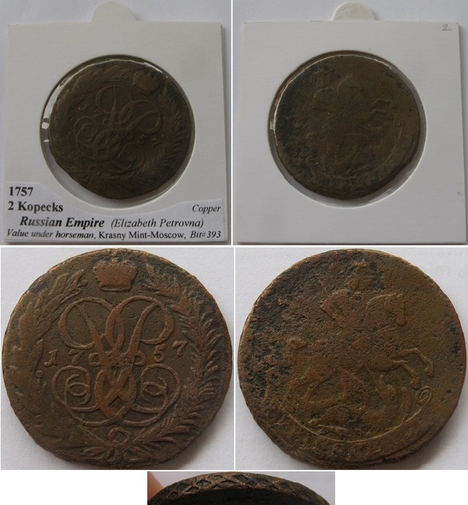  1757, Russisches Reich, 2 Kopeken (Wert unter Reiter,Netzrand)   