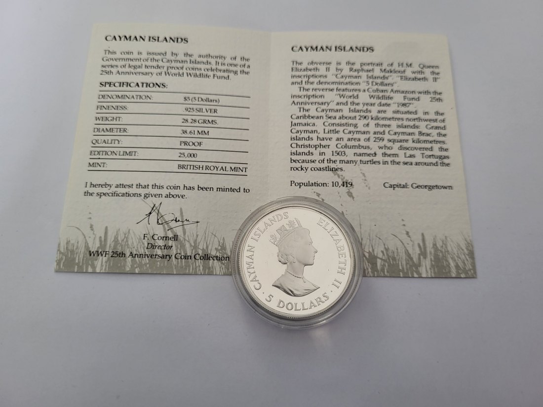  Silbermünze 5 Dollar 1987 Cuban Amazon World Wildlife Fund 925/28,28g Cayman I Spittalgold9800 (3469   