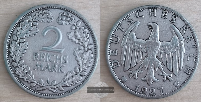  Deutschland, Weimarer Republik.  2 Reichsmark 1927 A  FM-Frankfurt Feinsilber: 5g   