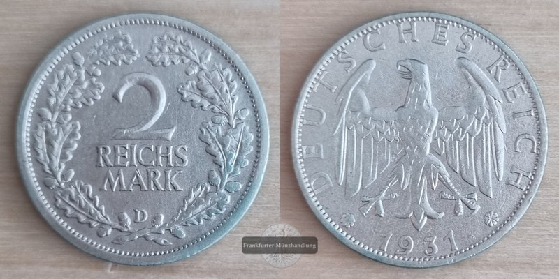  Deutschland, Weimarer Republik.  2 Reichsmark 1931 D  FM-Frankfurt Feinsilber: 5g   