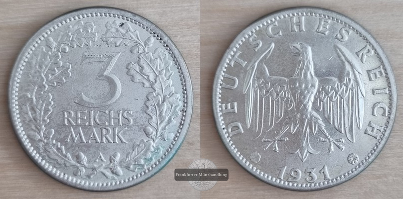  Deutsches Reich, Weimarer Republik 3 Reichsmark  1931 A FM-Frankfurt Feinsilber: 7,5g   