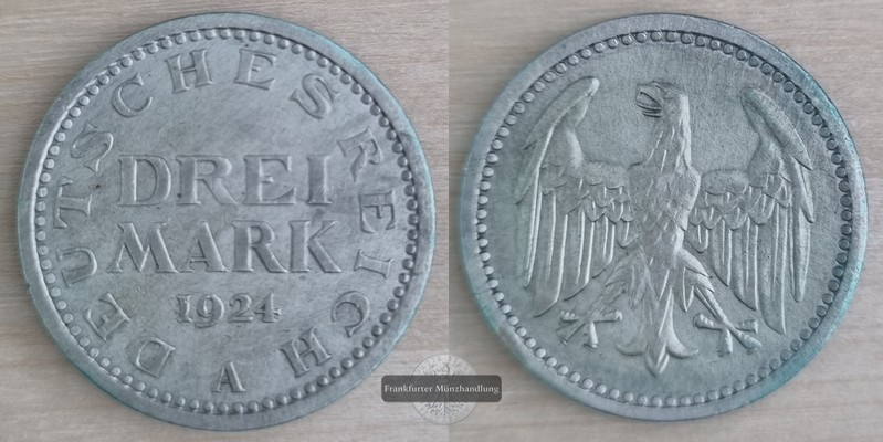  Deutschland, Weimarer Republik 1919-1933.  3 Mark 1924 A  FM-Frankfurt Feinsilber: 7,5g   