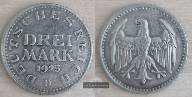 Deutschland, Weimarer Republik 1919-1933.  3 Mark 1925 D  FM-Frankfurt Feinsilber: 7,5g   
