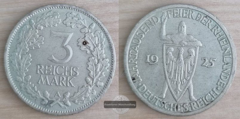  Deutschland, Weimarer Republik, 1919-1933.  3 Reichsmark  1925 A   FM-Frankfurt   Feinsilber: 7,5g   