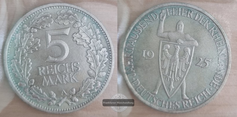  BRD, Weimarer Republik   5 Reichsmark   1925 A   FM-Frankfurt   Feinsilber: 12,5g   