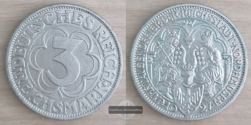  Deutsches Reich, Weimarer Republik 3 Reichsmark  1927 A FM-Frankfurt Feinsilber:7,5g   