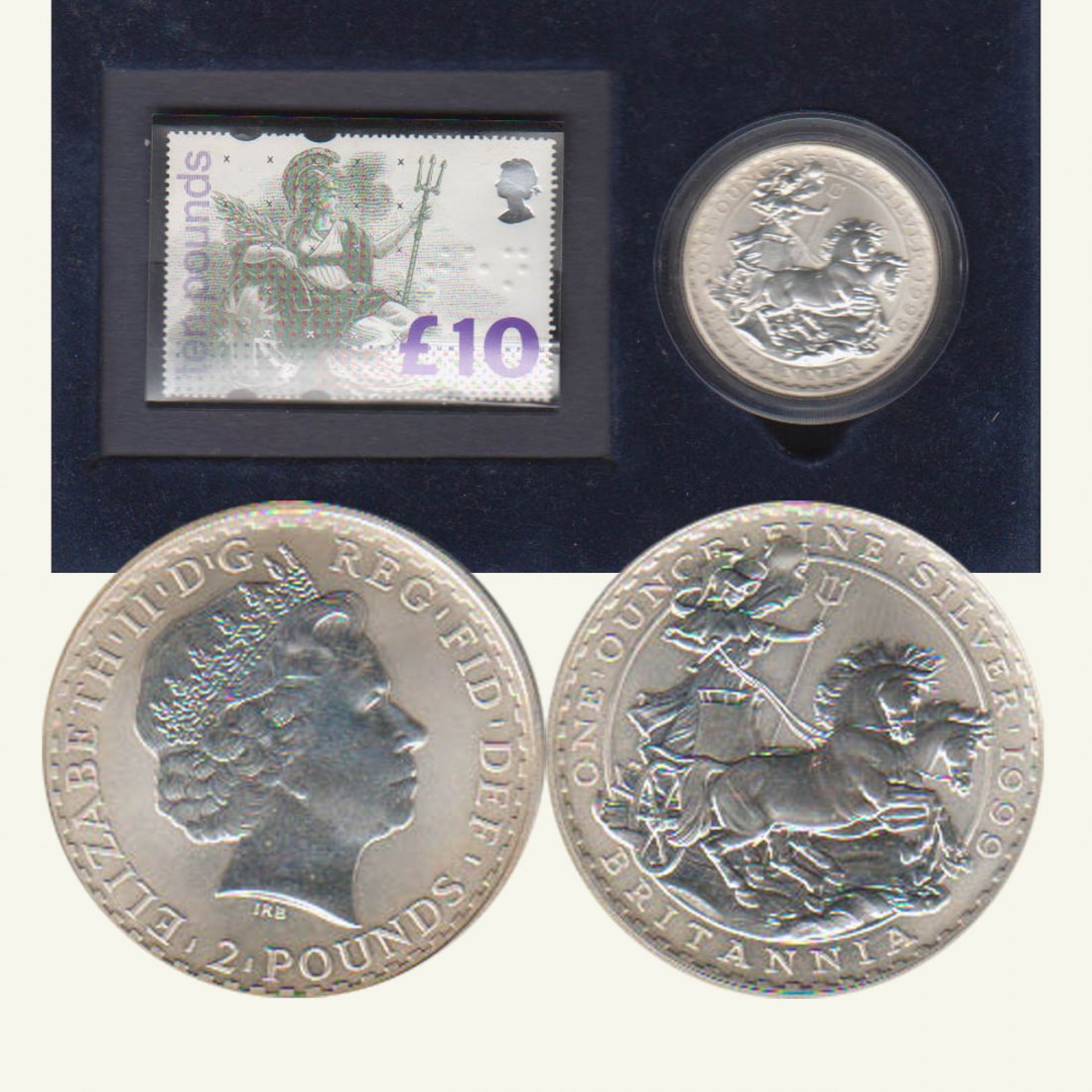  Großbritannien 2 Pfund *Britannia* mit 10 Pfund Briefmarke 1999 1oz Silber   