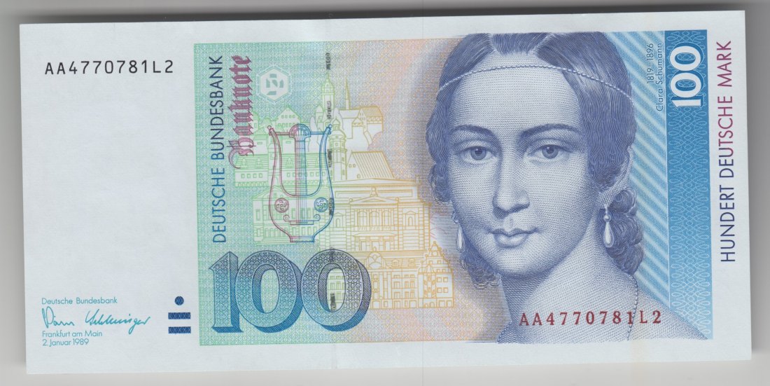  Ro. 294 a, 100 Deutsche Mark vom 02.01.1989, AA4770781L2, kassenfrisch I   