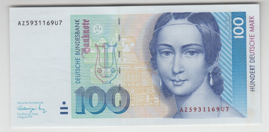  Ro. 300 a, 100 Deutsche Mark vom 01.08.1991, AZ5931169U7, fast kassenfrisch I-   