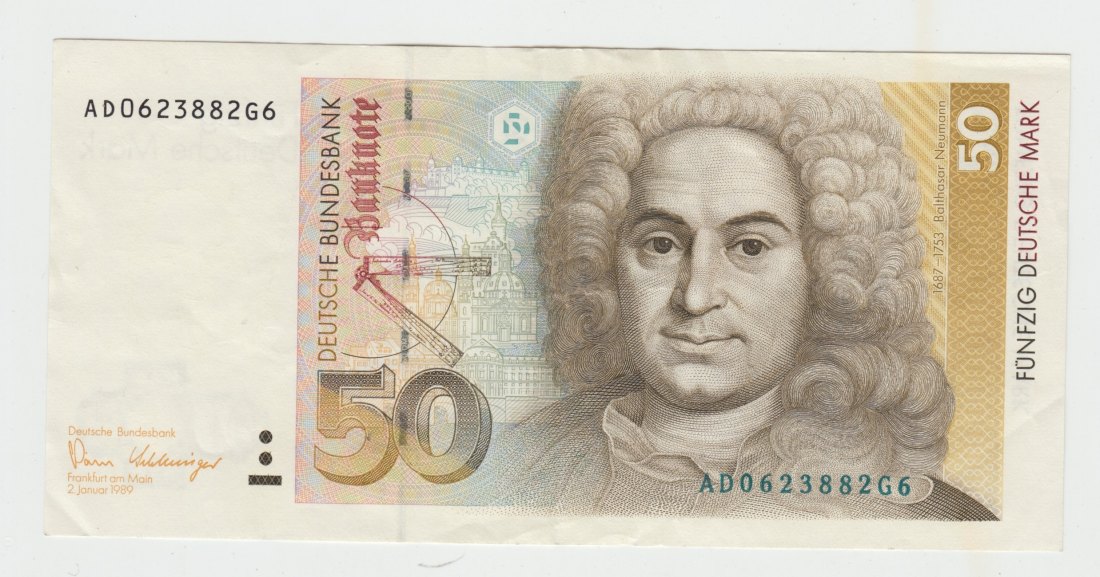  Ro. 293 a, 50 Deutsche Mark vom 02.01.1989, AD0623882G6, leicht gebraucht II   