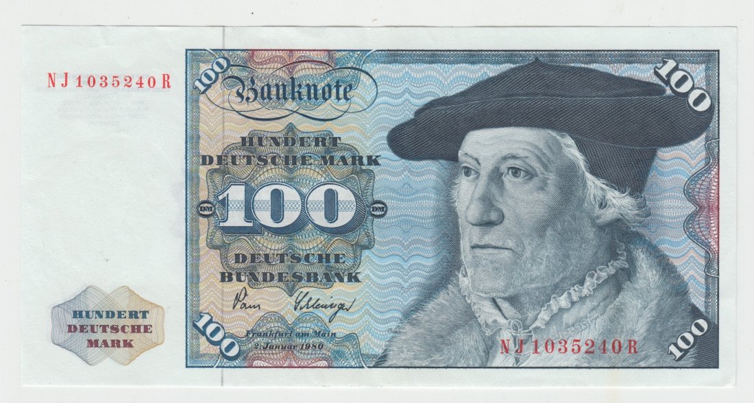  Ro. 289 a, 100 Deutsche Mark vom 02.01.1980 mit (c) Vermerk, NJ1035240R, fast kassenfrisch I-   