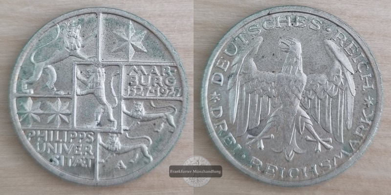  Deutschland, Weimarer Republik   3 Reichsmark  1927 A  FM-Frankfurt  Feinsilber: 7,5g   