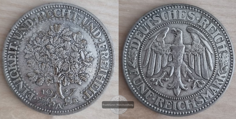  Deutschland, Weimarer Rep.  5 Reichsmark  1927  A FM-Frankfurt  Feingewicht: 12,5g   