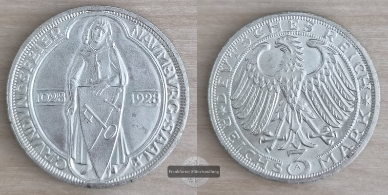  Deutschland.  Weimarer Republik.  3 Reichsmark 1928 A    FM-Frankfurt  Feinsilber: 7,5g   