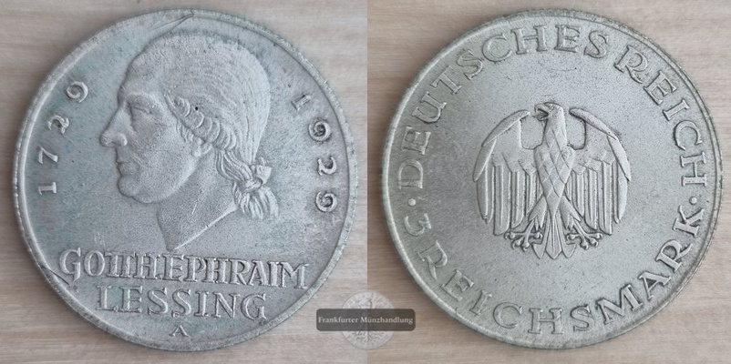  Deutschland.  Weimarer Republik 3 Reichsmark 1929 A Lessing   FM-Frankfurt  Feinsilber: 7,5g   