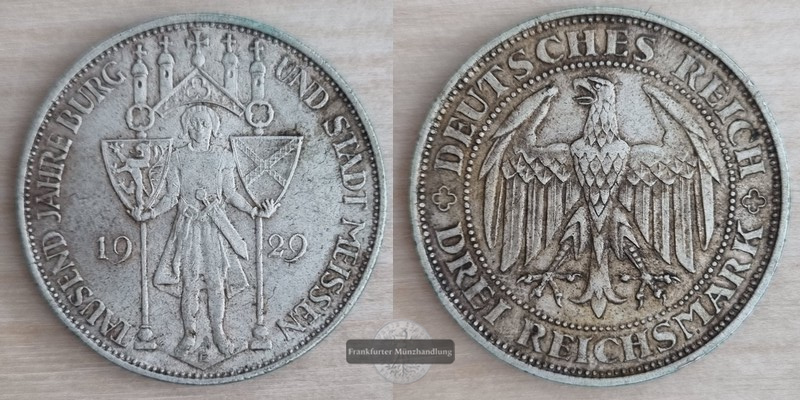  Deutschland, Weimarer Republik  3 Reichsmark 1929 E  FM-Frankfurt Feinsilber: 7,5g   