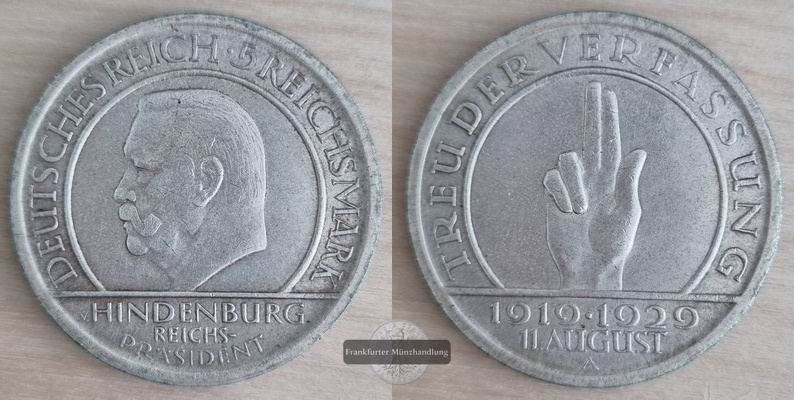  Deutschland, Weimarer Republik 5 Reichsmark  1929 A FM-Frankfurt Gewicht: 12,5g Silber   