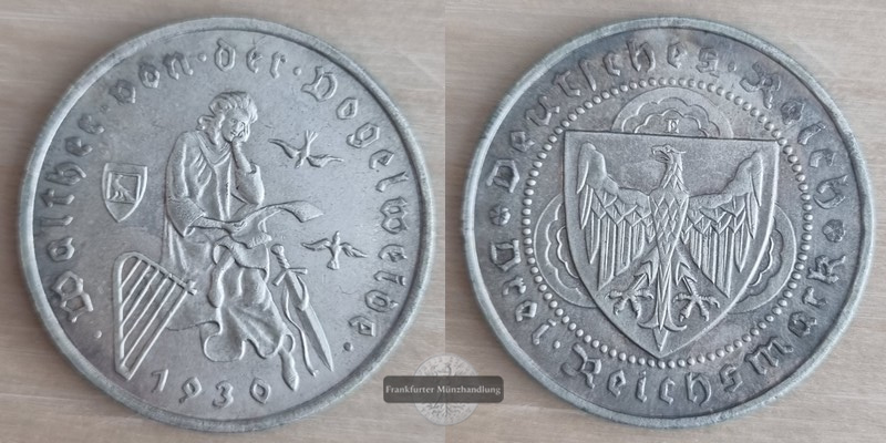  Deutschland, Weimarer Republik, 1919-1933.  3 Reichsmark 1930 E FM-Frankfurt Feinsilber: 7,5g   