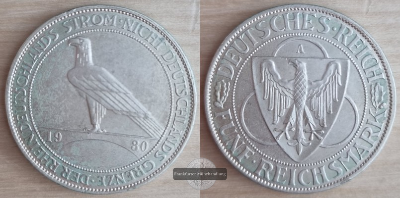  Deutschland, Weimarer Rep.  5 Reichsmark  1930 A FM-Frankfurt  Feingewicht: 12,5g   