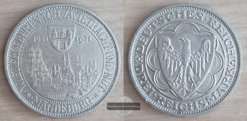  Deutschland, Weimarer Republik 3 Reichsmark  1931 A FM-Frankfurt Gewicht: 7,5g Silber   