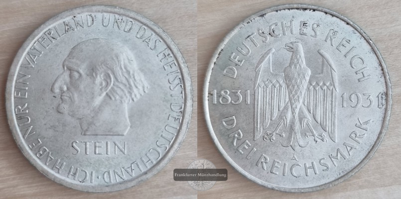  Deutschland.  Weimarer Republik.  3 Reichsmark 1931 A Stein   FM-Frankfurt  Feinsilber: 7,5g   