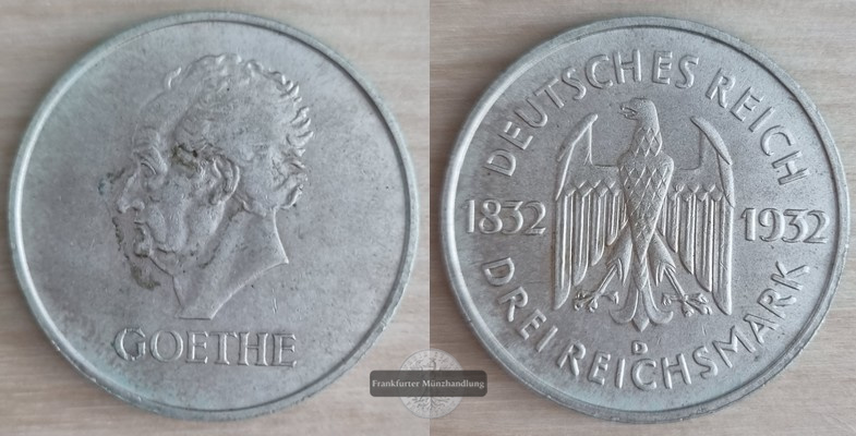  Deutschland.  Weimarer Republik.  3 Reichsmark 1932 D Goethe   FM-Frankfurt  Feinsilber: 7,5g   