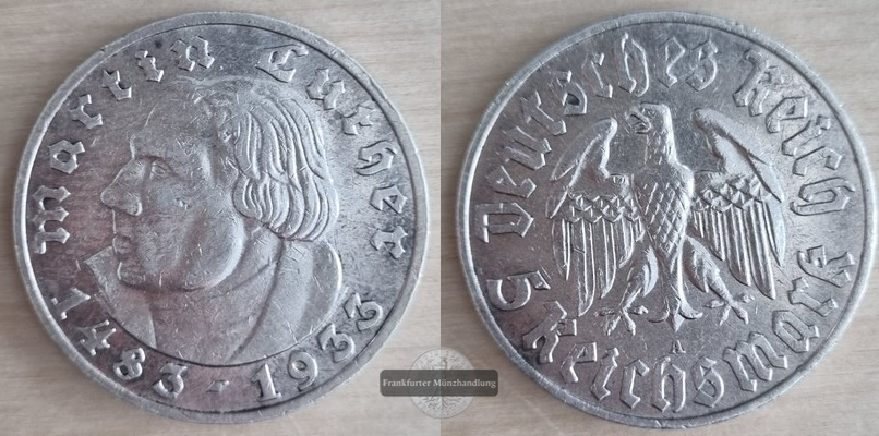  Deutsches Reich, Weimarer Rep.  5 Reichsmark  1933 A FM-Frankfurt  Feinsilber: 12,5g   